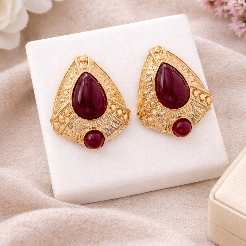 Vintage Style Burgundy Cabochon Statement Earrings | Gold Tone Art Deco Studs